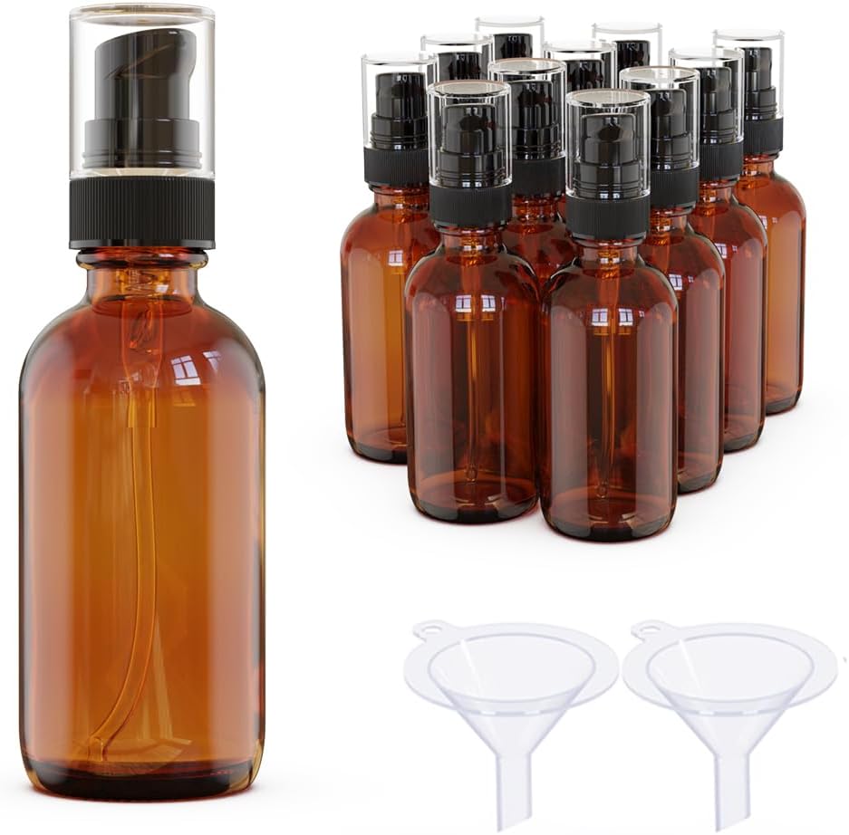 12Pack 2oz Amber Glass Pump Bottles, 60ml with Black Pump, Empty Refillable Travel Small Container For Lotion Cream Essentil Oil Shampoo (2oz)