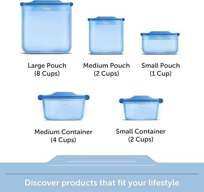 Ziploc Endurables Medium Pouch, 2 Cups, Reusable Silicone Bags and Food Storage Meal Prep Containers for Freezer, Oven, and Microwave, Dishwasher Safe (Pack of 4)