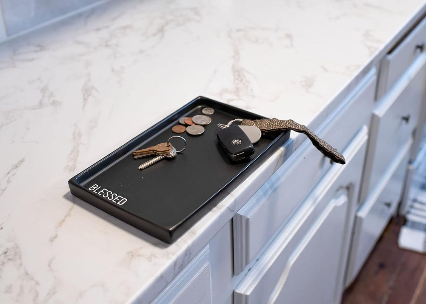 NAT & Jules Blessed 10 x 6 inch Ceramic Stoneware Vanity Tray - Perfect Bathroom or Kitchen Counter Organization Décor: Sponge Holder, Soap Dish, Jewelry and Perfume Tray, Blessed Black