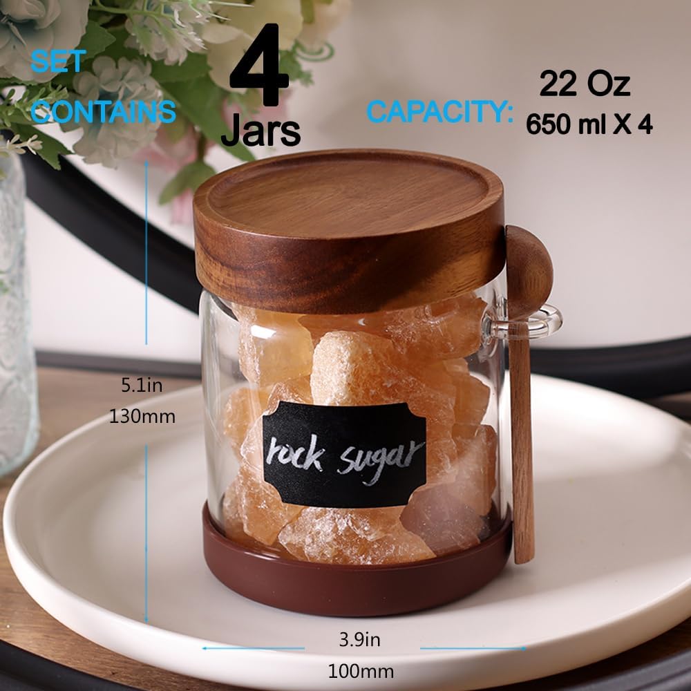 SAIOOL High Bprosilicate Glass 4 Pack Spice Jars with Label and Spoons,Overnight Oats Containers with Acacia Airtight Lids,Glass Food Storage Jars, Coffee Bar (Acacia 22 OZ*4)