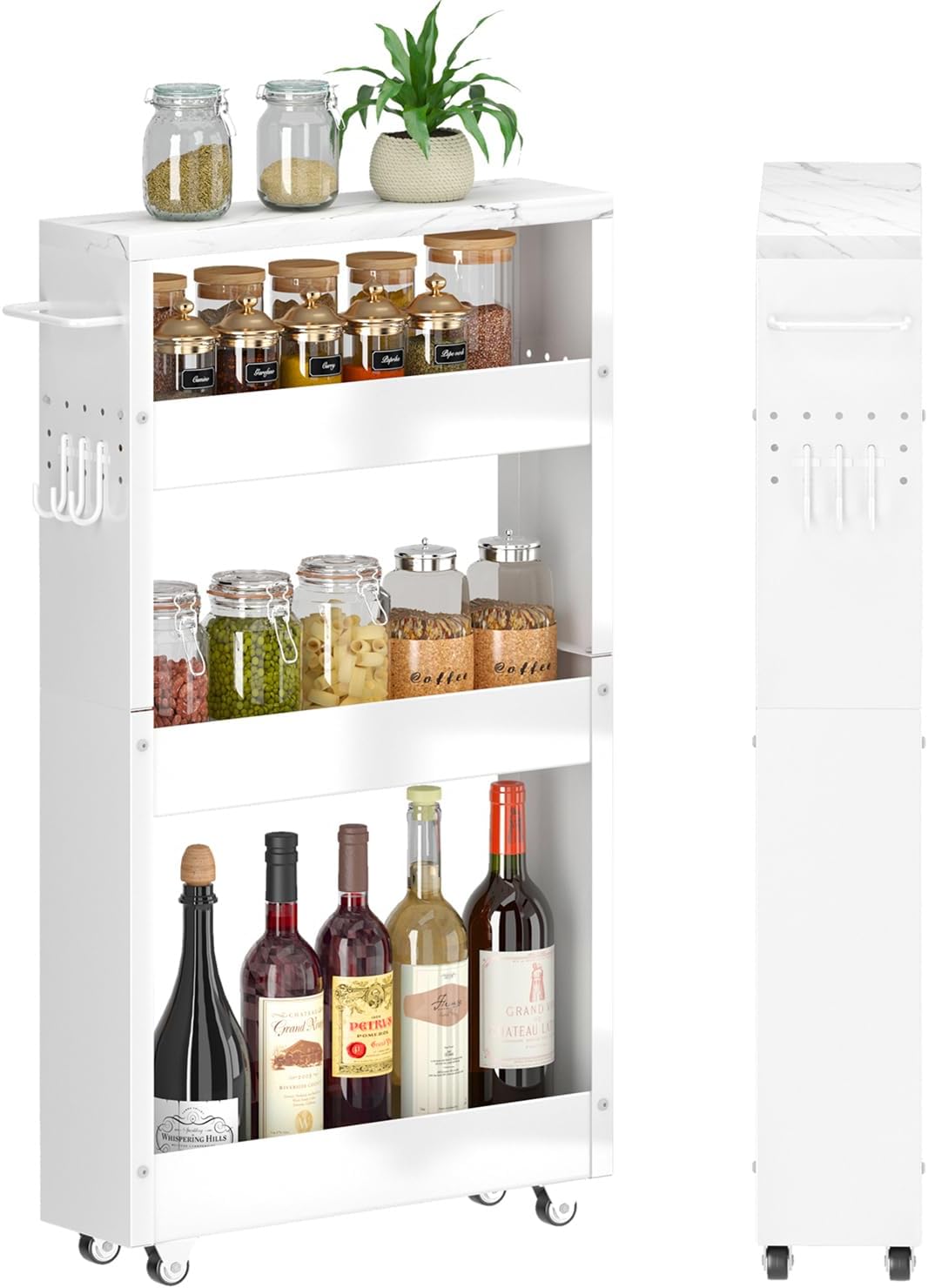 Slim Storage Cart, 5 in Width, 4-Tier White Rolling Cart with Handle & Wooden Top for Kitchen Bathroom Laundry Narrow Places