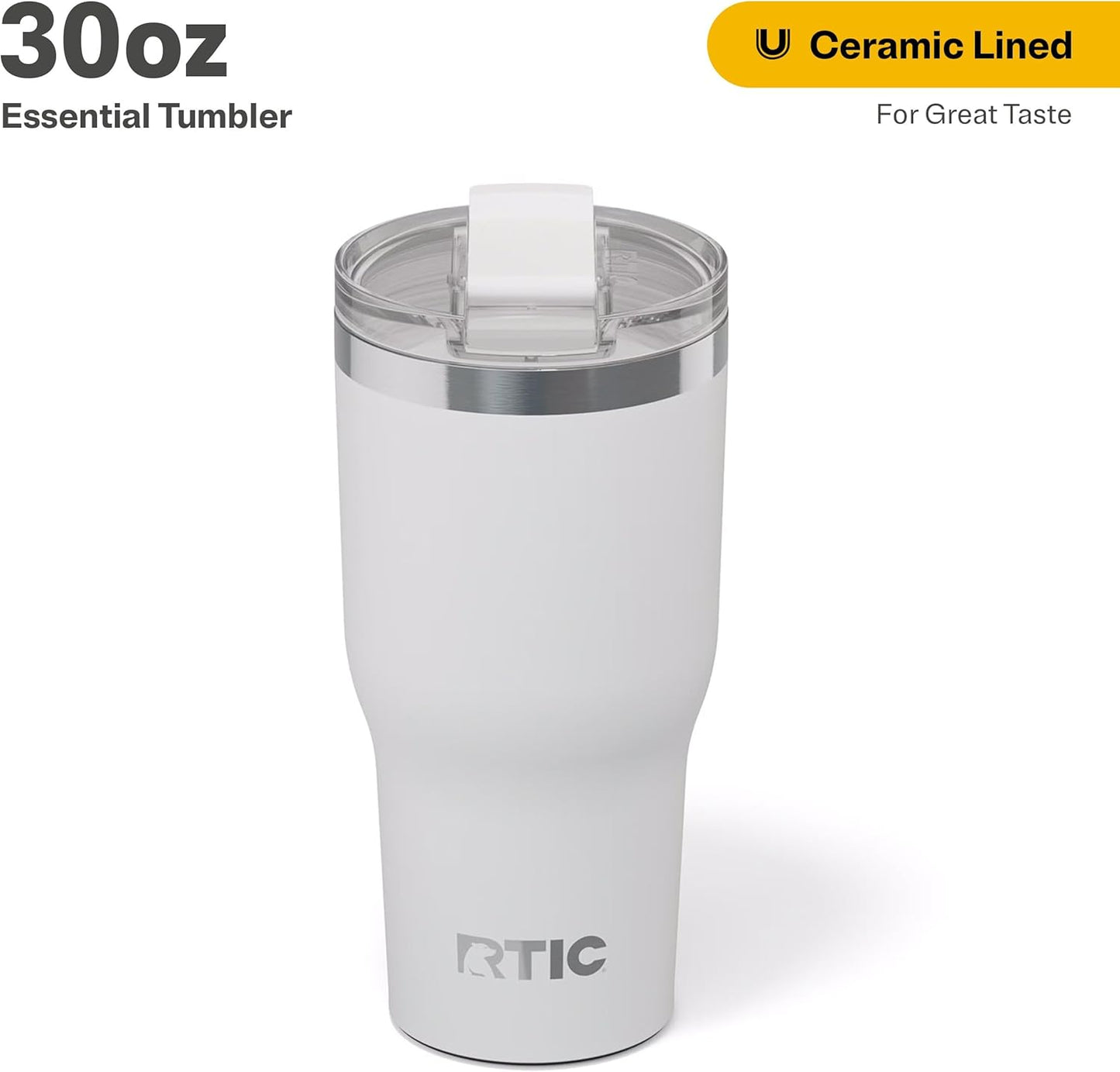 RTIC 30oz Essential Tumbler with Lid, Ceramic Lined, Insulated, Stainless Steel, Metal, Double Wall Vacuum-Insulation, Travel Cup for Iced Coffee, Tea, Hot and Cold Drink, White