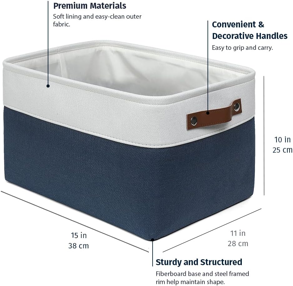 OrganiHaus Large Fabric Storage Baskets for Shelves 3 Pack, 15x11in Closet Storage Bins for Shelves, Canvas Baskets for Organizing, Linen Closet Organizers, Cloth Basket, Navy Blue/Off-White