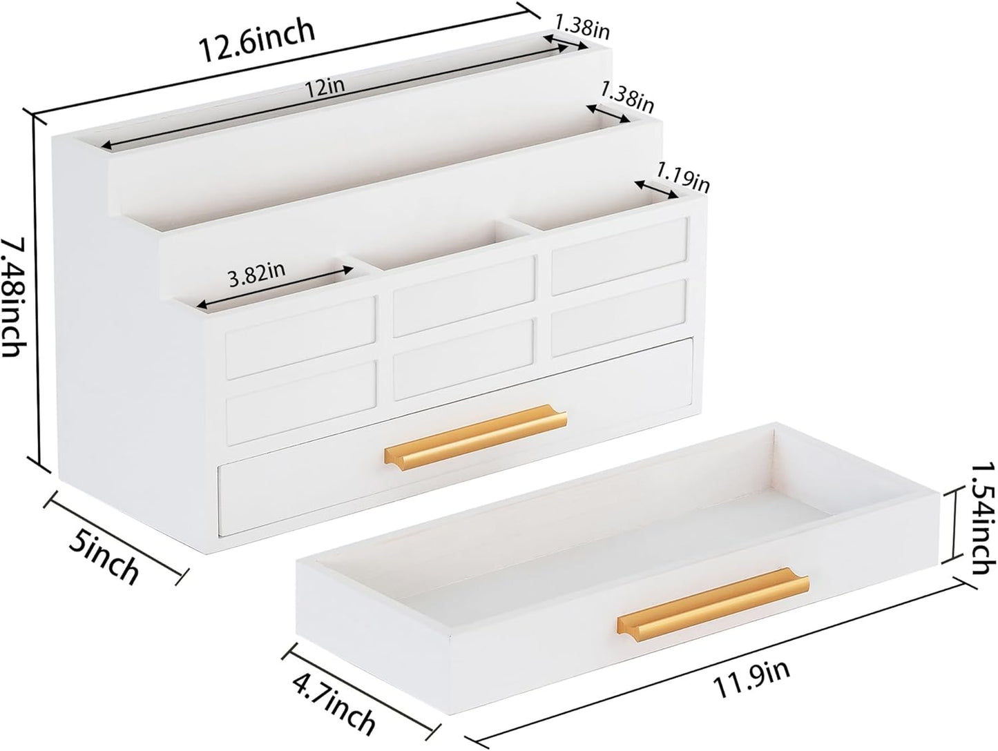 white Wood Desk Organizer and Accessories with Drawer, Bill Mail Organizer and File Mail Holder for Office Supplies, Rustic Desk Accessories & Workspace Organizers for Desk Organization