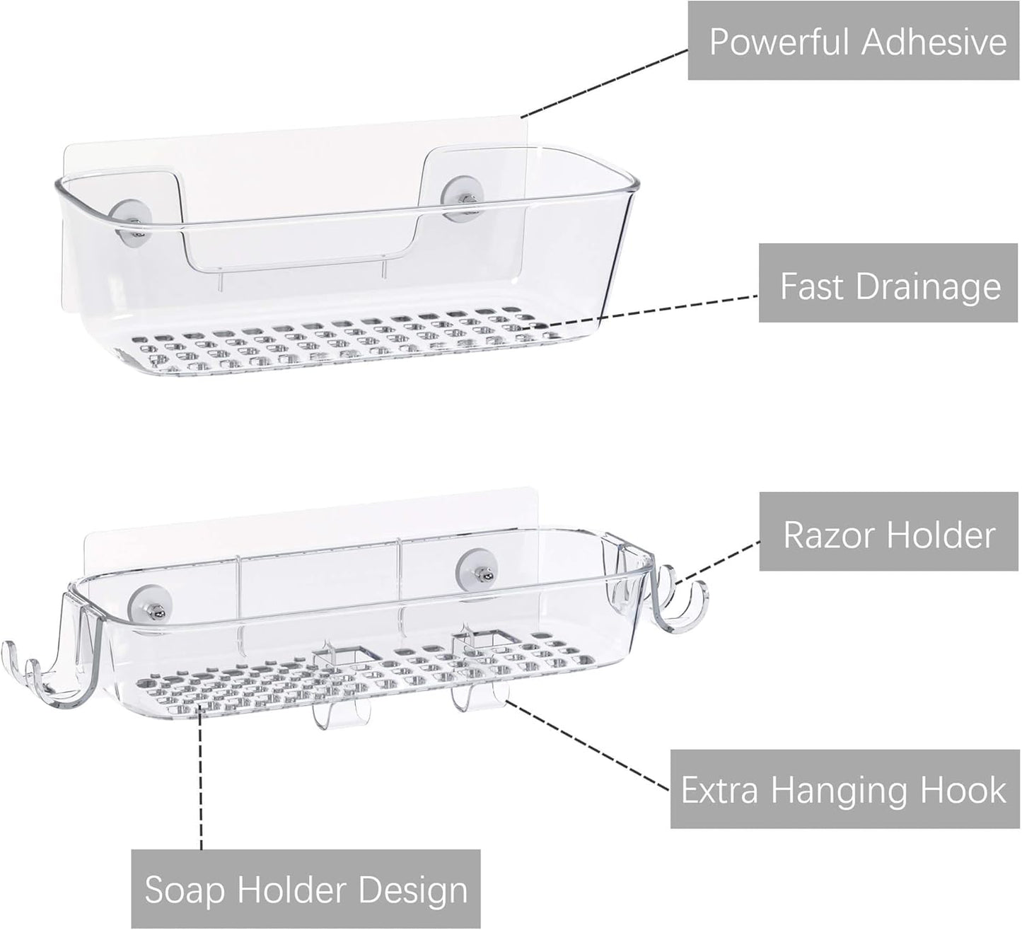 TZAMLI Clear Shower Caddy, Adhesive Shower Organizer Rustproof Shower Shelf with Razor Holder and Hook, Shower Rack for Bathroom Storage, 3 Pack