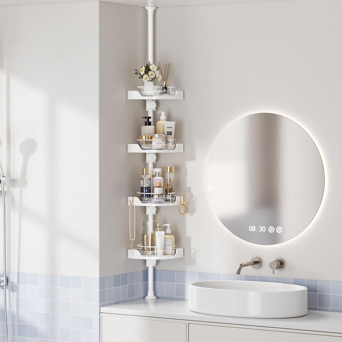 Shower Caddy Tension Pole with 4 L-Lazy Susan Organizer 360 Rotating 35-128 Inch No Drilling Floor Standing Shelves Adjustable Shower Rack for Bathroom Corner (White)