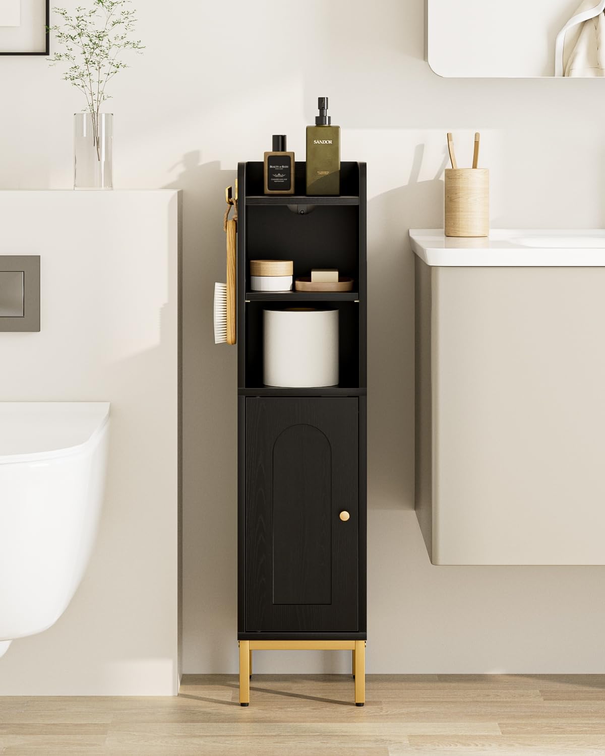 Bathroom Storage Cabinet, Small Corner Floor Hutch with 2Hooks,Narrow Toilet Paper Cabinet with Adjustable Shelf,Morden Bathroom Organizer for Small Spaces,Black