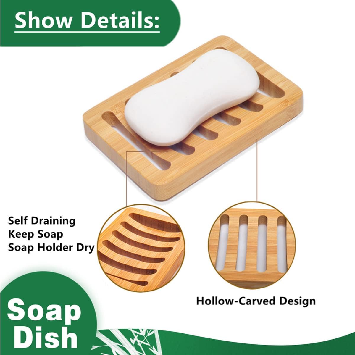 3 Pack Bamboo Wood Soap Dish Bar Soap Holder with Self Draining Tray Natural Waterfall Drain Soap Saver for Shower Bathroom Kitchen