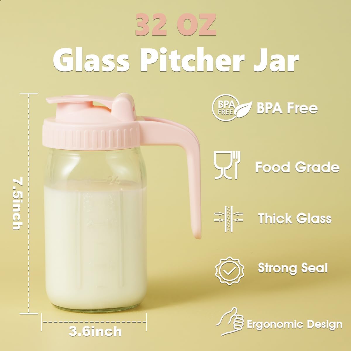2 Pack 32oz Glass Pitcher with Lid & V-shaped Pour Spout - 1 Quart Double Leak Proof, Creamer Container for Sun Tea, Juice, Cold Brew Coffee, Breastmilk Storage Container