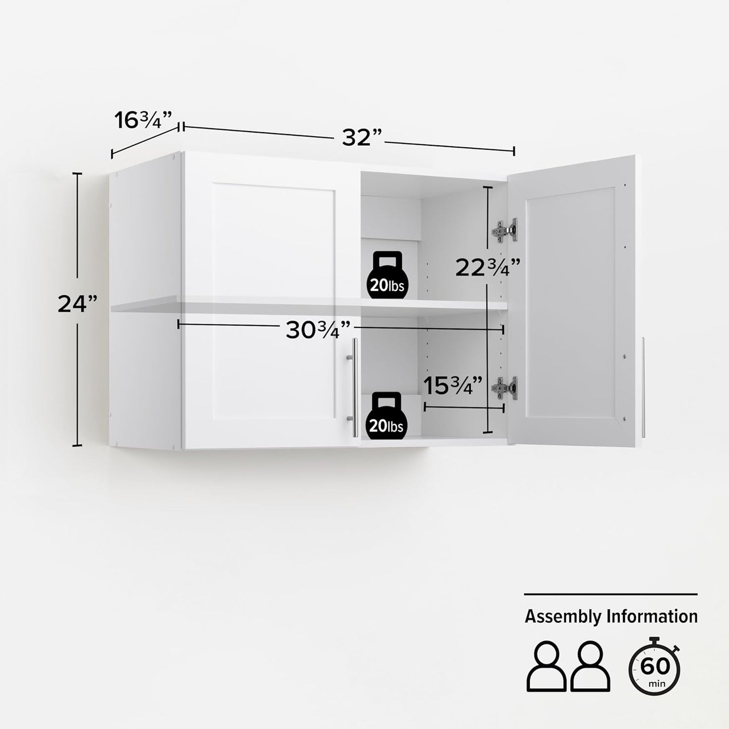 Prepac Elite 24" H Wall Cabinet with Panel Doors, White Storage Cabinet, Bathroom Cabinet, Pantry with 1 Adjustable Shelf 16.75" D x 32" W x 24" H, WSUR-1002-1