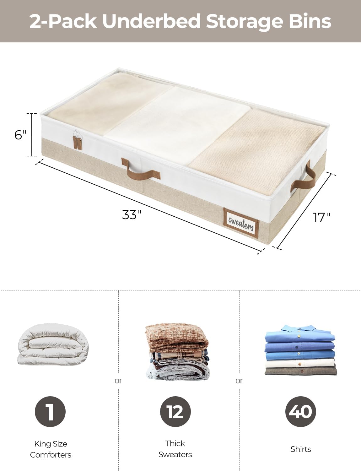 StorageWorks Large Under Bed Storage Containers with Handles and Label Holder, 2 Pack Ultra-thick Fabric Underbed Bins, Closet Organizer for Clothes, Blankets, Sweater