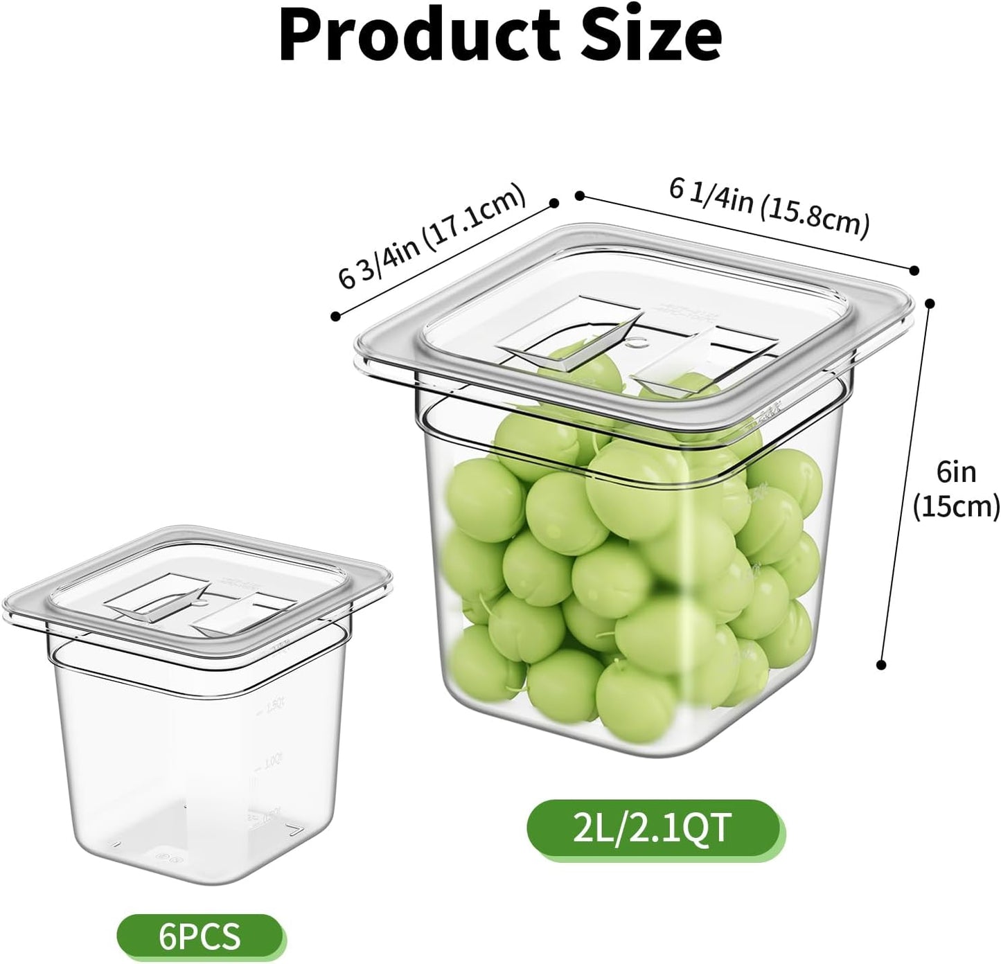 1/6 6'' 6 Pack Plastic Food Pans With Lids, Clear Food Pan, Commercial Stackable Polycarbonate Freezer-Safe for Fruits Vegetables Restaurant Kitchen