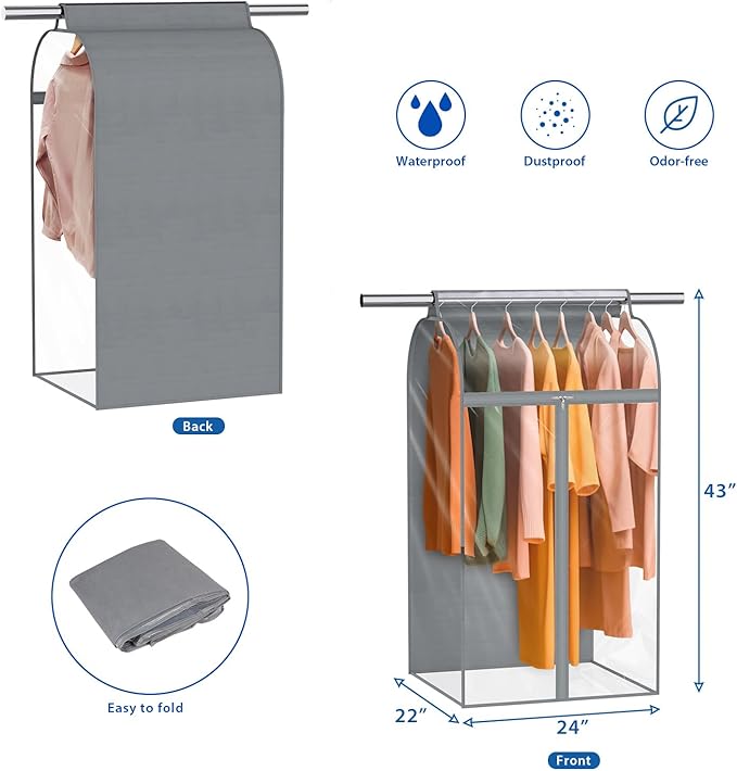 Zilink 43" Hanging Garment Bags for Hanging Clothes Clear Clothes Storage Bag Bottom Enclosed Garment Rack Cover Clothing Organizer for Suits, Fur Coat, Leather Jacket, Sweater,Shirt
