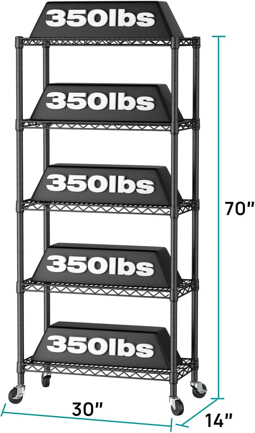 SINGAYE 5 Shelf Adjustable Heavy Duty Storage Shelving Unit with Wheels Steel Organizer Wire Rack Shelves Bathroom Organizers and Shelf Wire Closet Metal Pantry Kitchen Garage 14" DX30 WX70 H Black