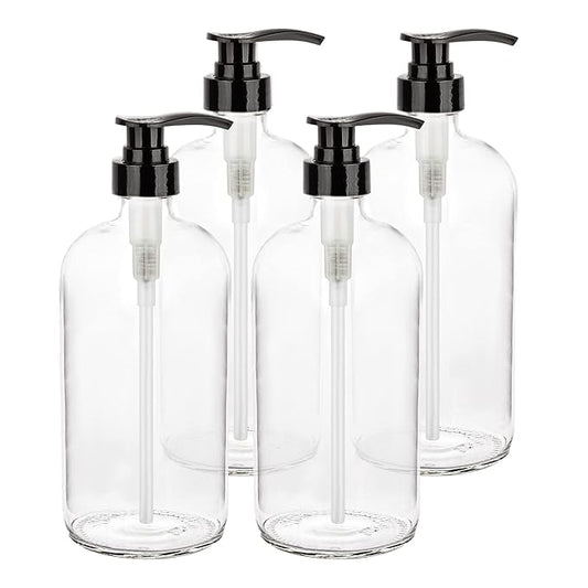 Glass Shampoo and Conditioner Dispenser - Large Glass Pump Bottle Dispenser - 32 Ounce (1 Liter) - Pack of 4