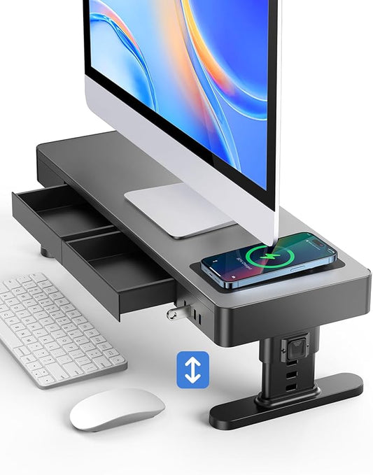 meatanty Monitor Stand Heights Adjustable, Computer Riser with Auto Phone Charger, 4 USB Ports Hub and Drawer Storage, Metal Desktop Organizer Lifter Shelf for PC Screen Studio Display Office Gaming