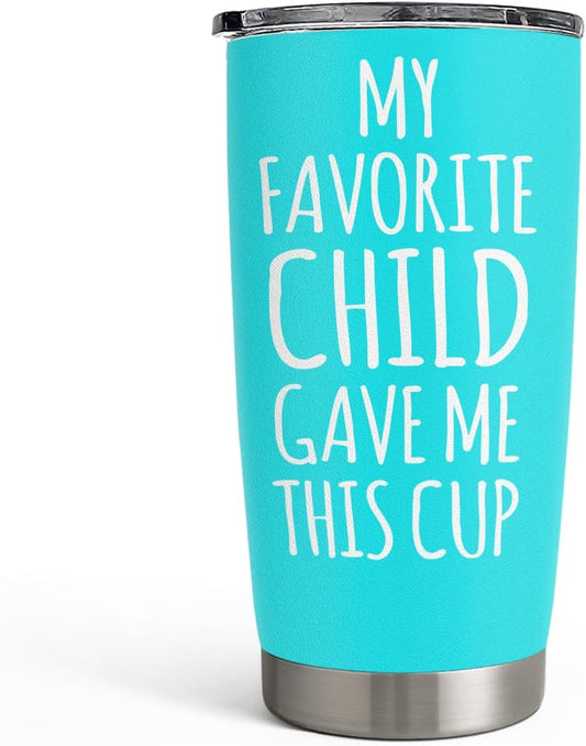 SANDJEST Mom Tumbler Gift for Mom from Son, Daughter - My Favorite Child Gave Me This Cup 20oz Insulated Travel Mug - Awesome Mother's Day, Birthday, Christmas Tumblers Gifts Idea for Moms