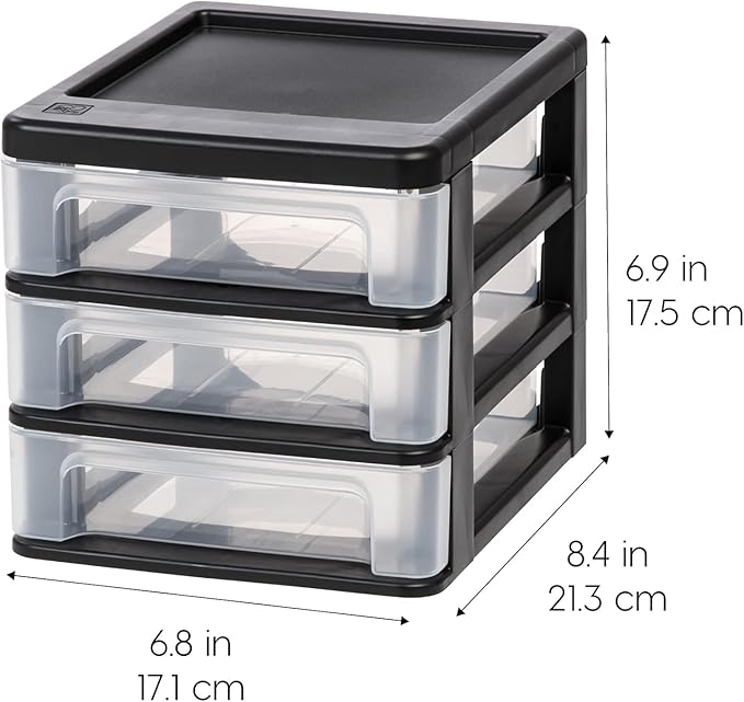 IRIS USA Small 3-Drawer Desktop Organizer, 4 Pack, Stackable, for Office, School, Stationary, Makeup Organizer, Bathroom, Utility, Medical Supplies, Desk Organizer, Versatile Storage, Black