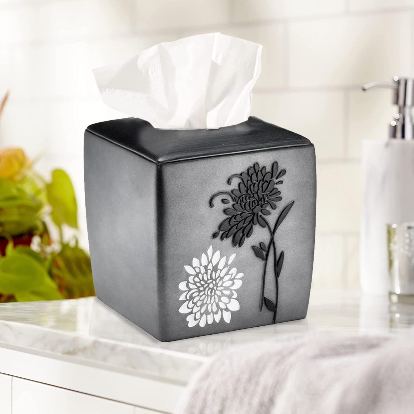 Zahari Home 2pc Erica Bathroom Decor Set Waste Basket for Bathroom & Tissue Cover Modern Classic Decor Stylish Unique Design Beautiful Grey Bathroom Accessories Set