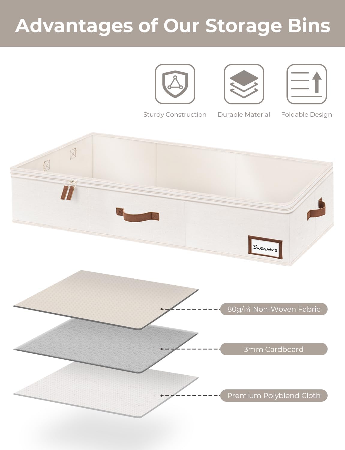 StorageWorks Under Bed Storage Containers with Handles and Label Holder, 2 Pack Ultra-thick Fabric Underbed Bins, Closet Organizer for Clothes, Blankets, Sweater