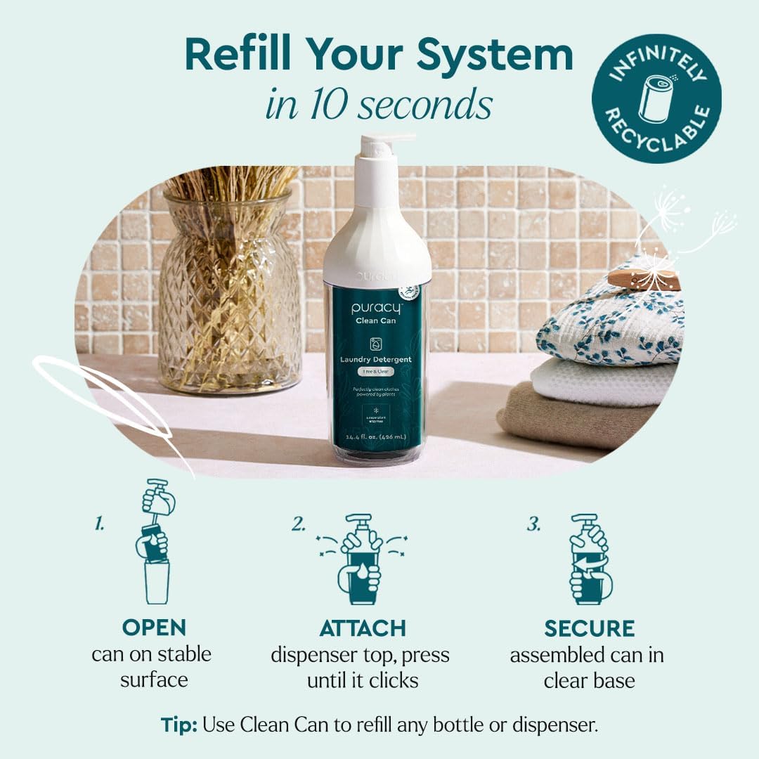 Puracy Liquid Laundry Detergent Clean Can Refill - Enzyme-Powered Liquid Laundry Detergent Concentrate, Natural Laundry Detergent Seen on TikTok, Non-Toxic (Free & Clear, 14.4 fl)