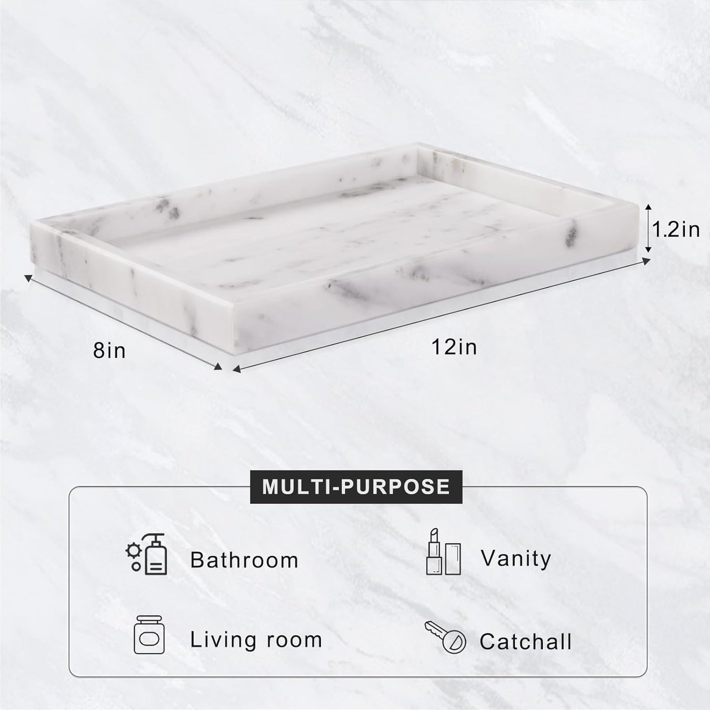 Marble Bathroom Tray for Countertop & Home Decor, Natural Decorative Marble Tray for Jewelry & Perfume Organizer, Luxury Stone Vanity Trays for Dresser, Kitchen Counter, 12" x 8", Starry White