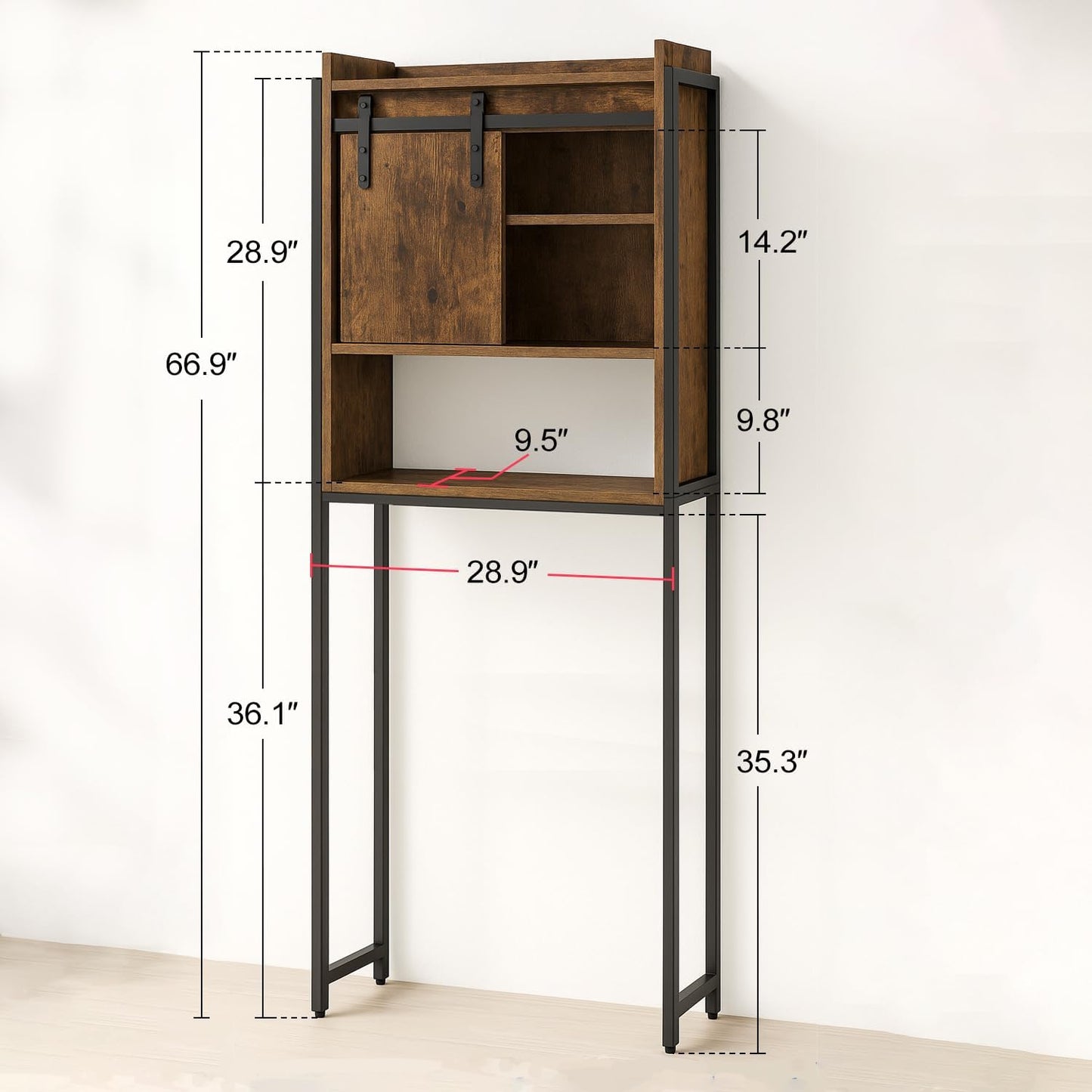 Over The Toilet Storage Cabinet, Behind Toilet Bathroom Organizer with Adjustable Shelves, Above Toilet Organizers with Barn Door, Space Saver for Restroom, Bathroom, Laundry, Rustic