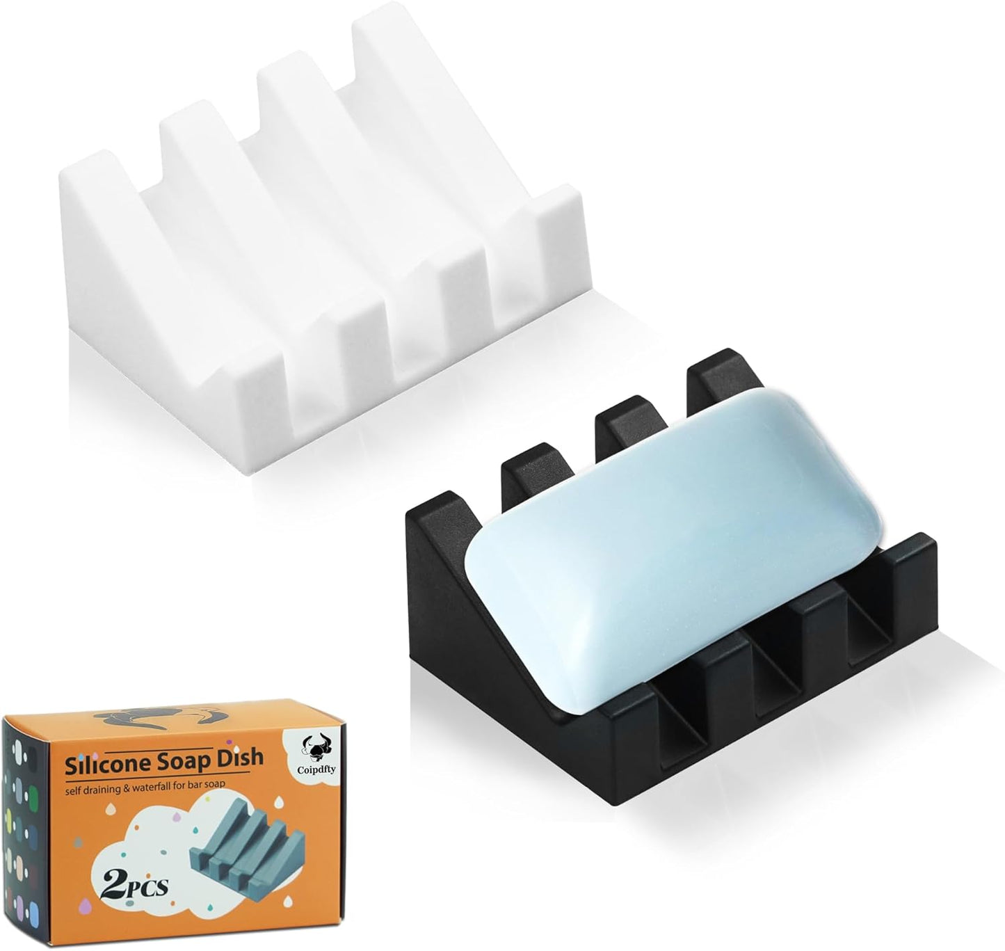 Self Draining Soap Dish Holder,Silicone Soap Dish,for Bathroom,Kitchen, Sponges，Can Extend Soap Life，Keep Soap Bars Dry and Easy Cleaning (2, Black&White)