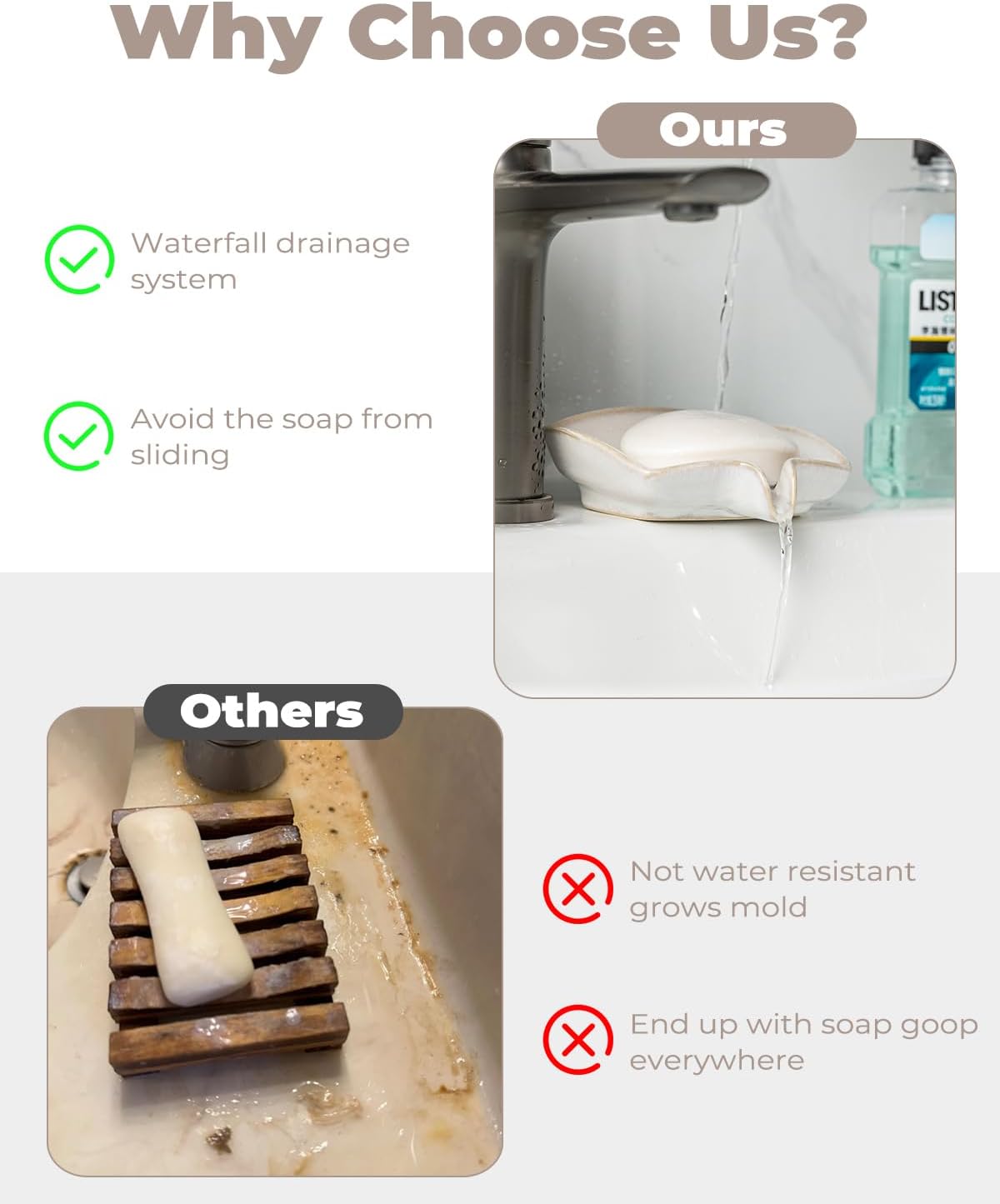 Soap Dishes, Ceramic Shower Soap Dish with Waterfall Design Bar Soap Holder Self Draining Soap Saver for Shower, Bathroom, Sink, Kitchen and Countertop, Beige White