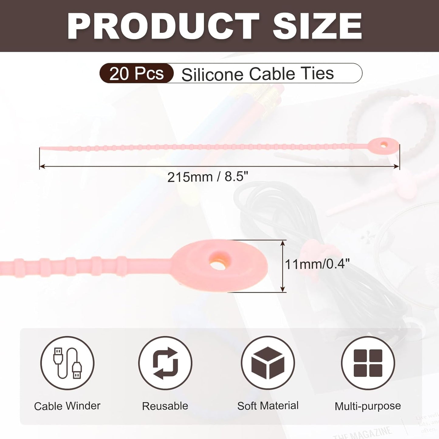 uxcell 20 Pcs Silicone Ties Bag Clip, 8.5 Inch Multi Purpose Silicone Zip Ties Reusable Rubber Zip Tie, Cable Strap Cord Organizer for Home Office Food Bag Wires Cables, Peach Pink