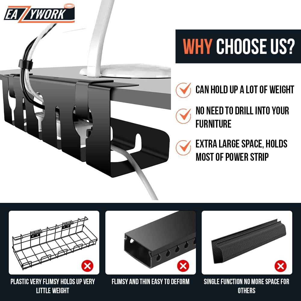 2Pcs 15.75 Inch Super Sturdy Gaming Cable Management Standing Desk wire organizer Large cord basket Under desk rack Mount With Clamps & Screws power strip holder chord organization j channel No Damage