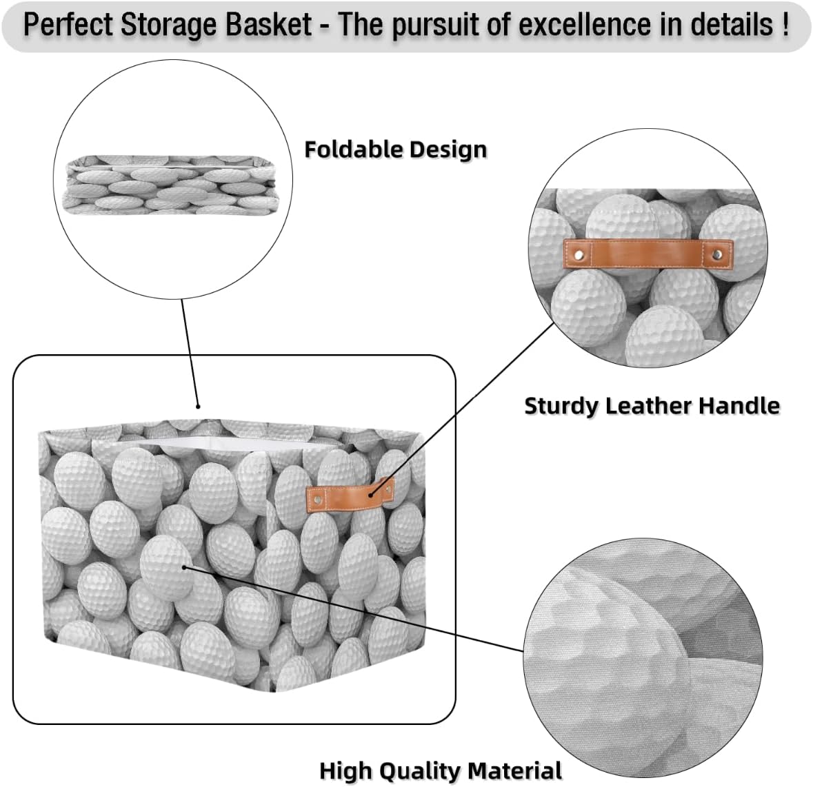 Golf Storage Basket for Shelves, Storage Bins with Handles, Collapsible Basket for Organizing, Closet Toy Baskets for Nursery Room, 15x11x9.5 in, Canvas, White Golf