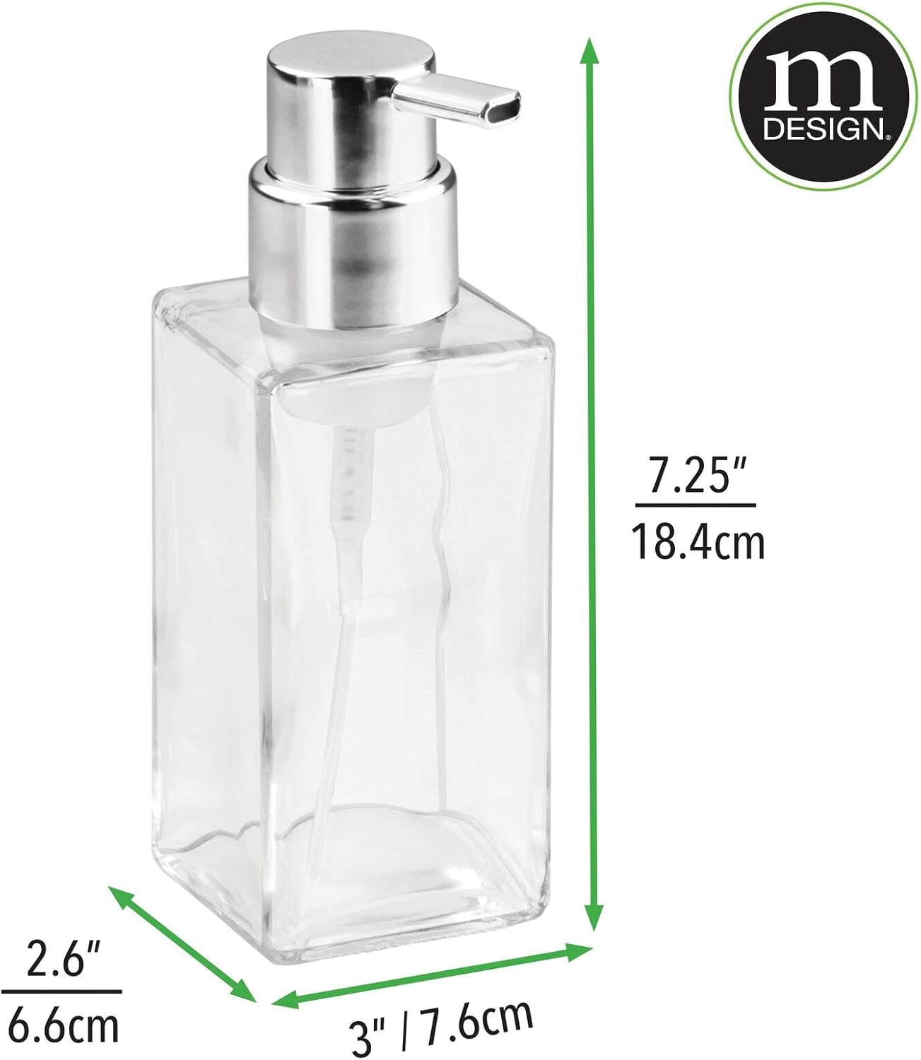 mDesign Glass Refillable Foaming Hand Soap Dispenser Modern Square Pump Bottle for Bathroom Vanities or Kitchen Sink, Countertops - 2 Pack - Clear/Chrome