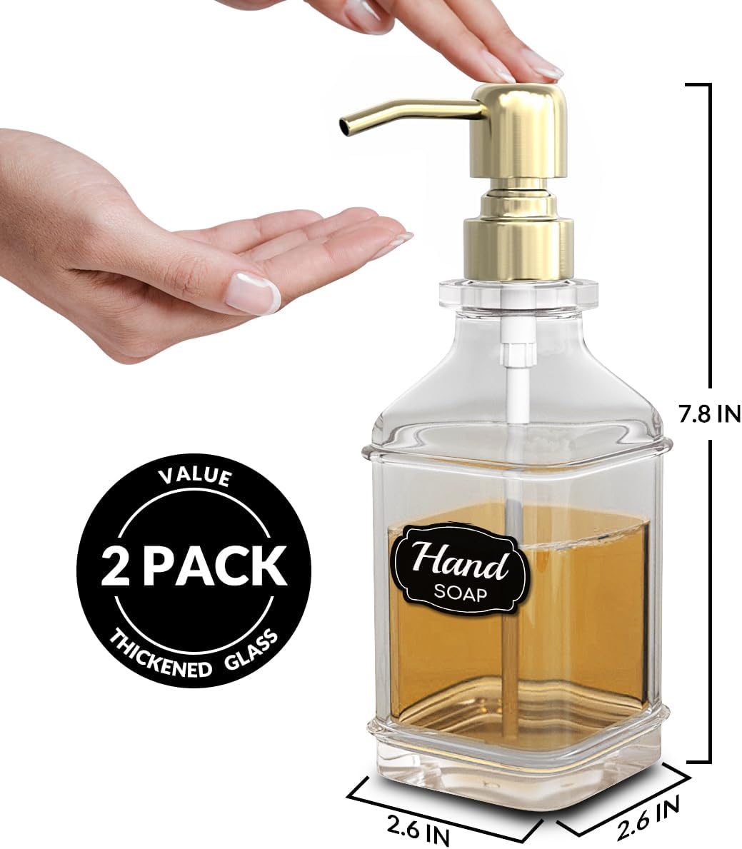 Soap Dispenser - 2 Pack, Antique Design Thick Glass Hand Soap Dispensers with Sturdy Tray; 304 Rust Proof Stainless Steel Pump, 12Pcs Stickers, for Kitchen, Bathroom
