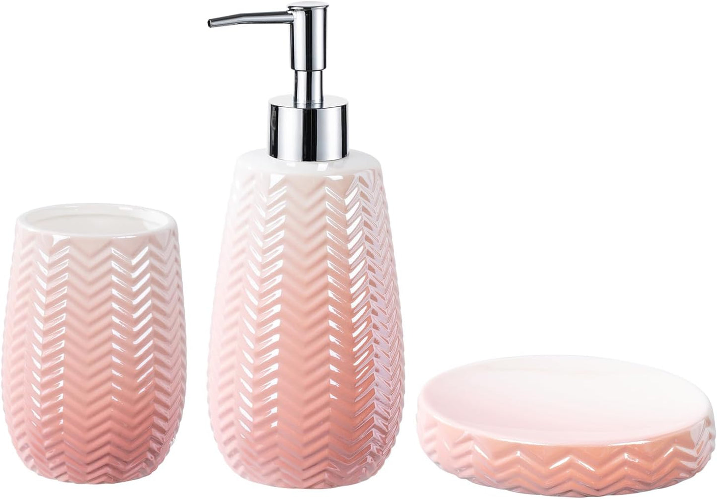 Bathroom Accessory Set, Pink Bathroom Decor, Pink Soap Dispenser, Soap Dish and Tumbler,Wavy Bathroom Accessories Set Complete.