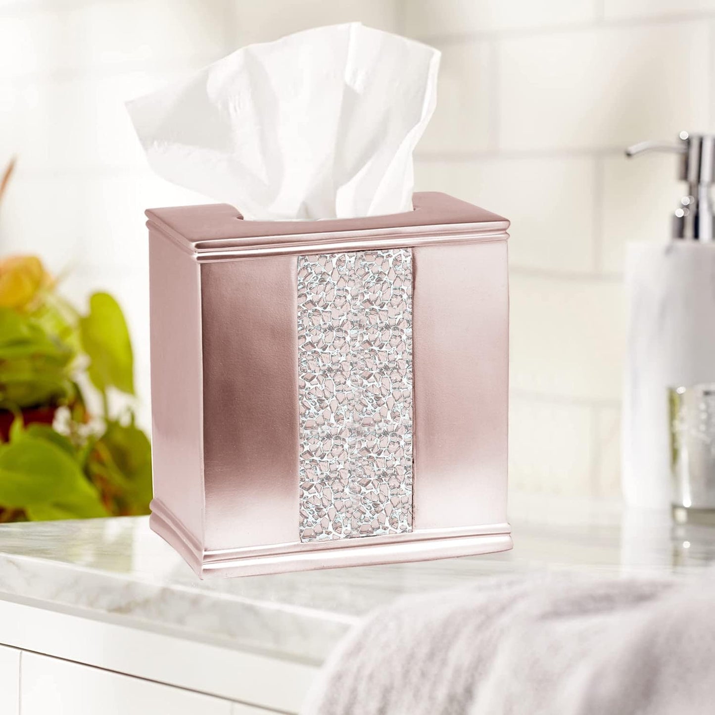 Zahari Home 2pc Sinatra Modern Bath Accessories Set Waste Basket & Tissue Box Modern Decorative Beautiful Designs Bathroom Decor Set for Home Blush Bathroom Set Mosaic Glass