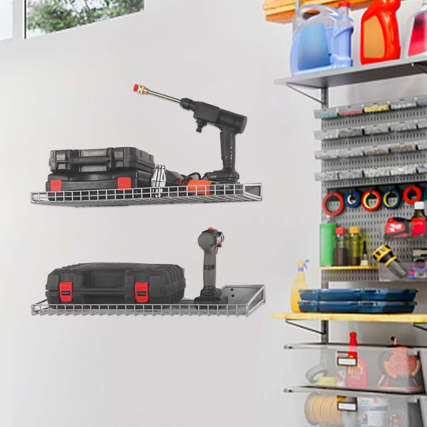 Wallmaster Heavy Duty Garage Wall Shelving 2 Pack 23.6"x11.8" Metal Wire Shelves Wall Mount Mesh Storage Rack for Garage, Office, Basement and Kithcen, max Load 65 lbs (Grey)