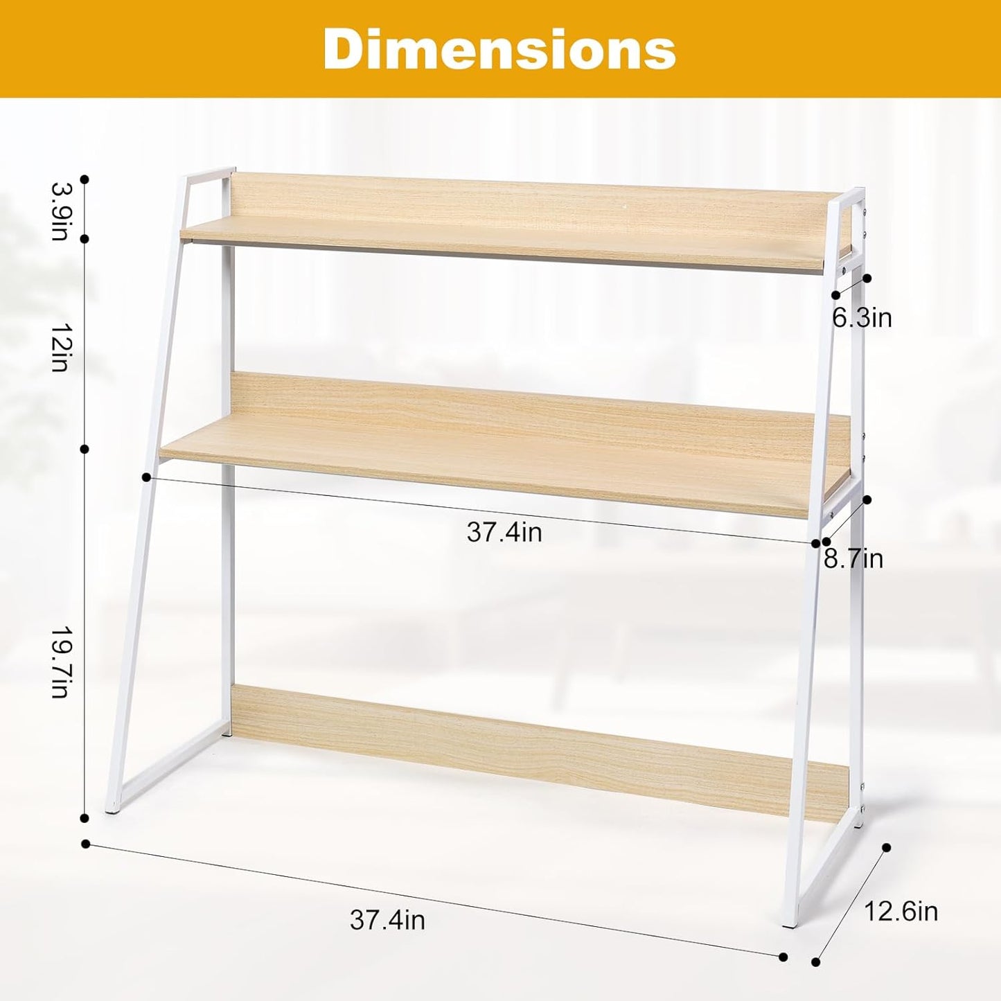 2-Tier Desktop Bookshelf & Hutch - Fits Over Large Monitors - Modern Desk Organizer with Metal Frame - Vertical Storage for Small Desks, Home Office, Dorm, Makeup Vanity (Blonde Wood/White)