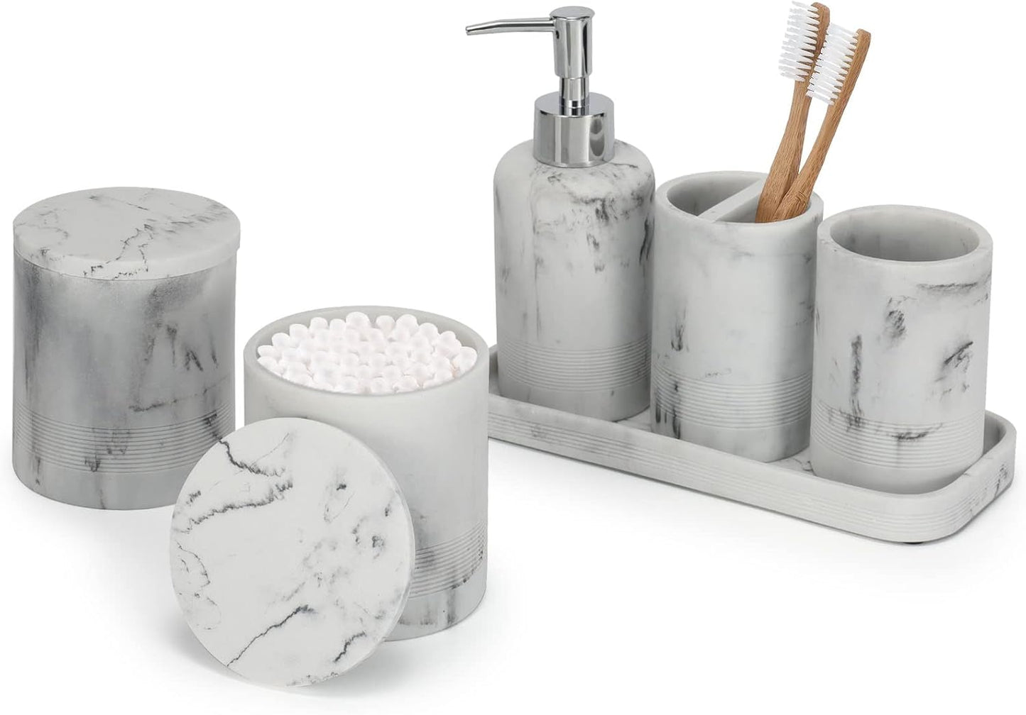 ZCCZ White Marble Bathroom Accessories Set 6 Pieces - Toothbrush Holder, Lotion Dispenser, Qtip Container, Vanity Tray, Tumbler - Countertop Organizer for Bathrooms - Elegant and Functional Décor Set
