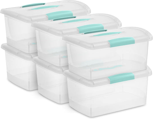 Sterilite Medium Nesting ShowOffs, Stackable Small Storage Bin with Latching Lid and Handle, Plastic Container to Organize Home, Clear, 6-Pack