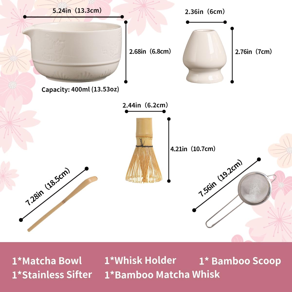 Matcha Tea Set, 5-Piece Ceramic Matcha Bowl & Whisk Kit with Cute Cat Pattern, Traditional Japanese Chawan, Scoop & Sifter, Perfect for Tea Ceremony, Gift for & Tea Lovers (white)