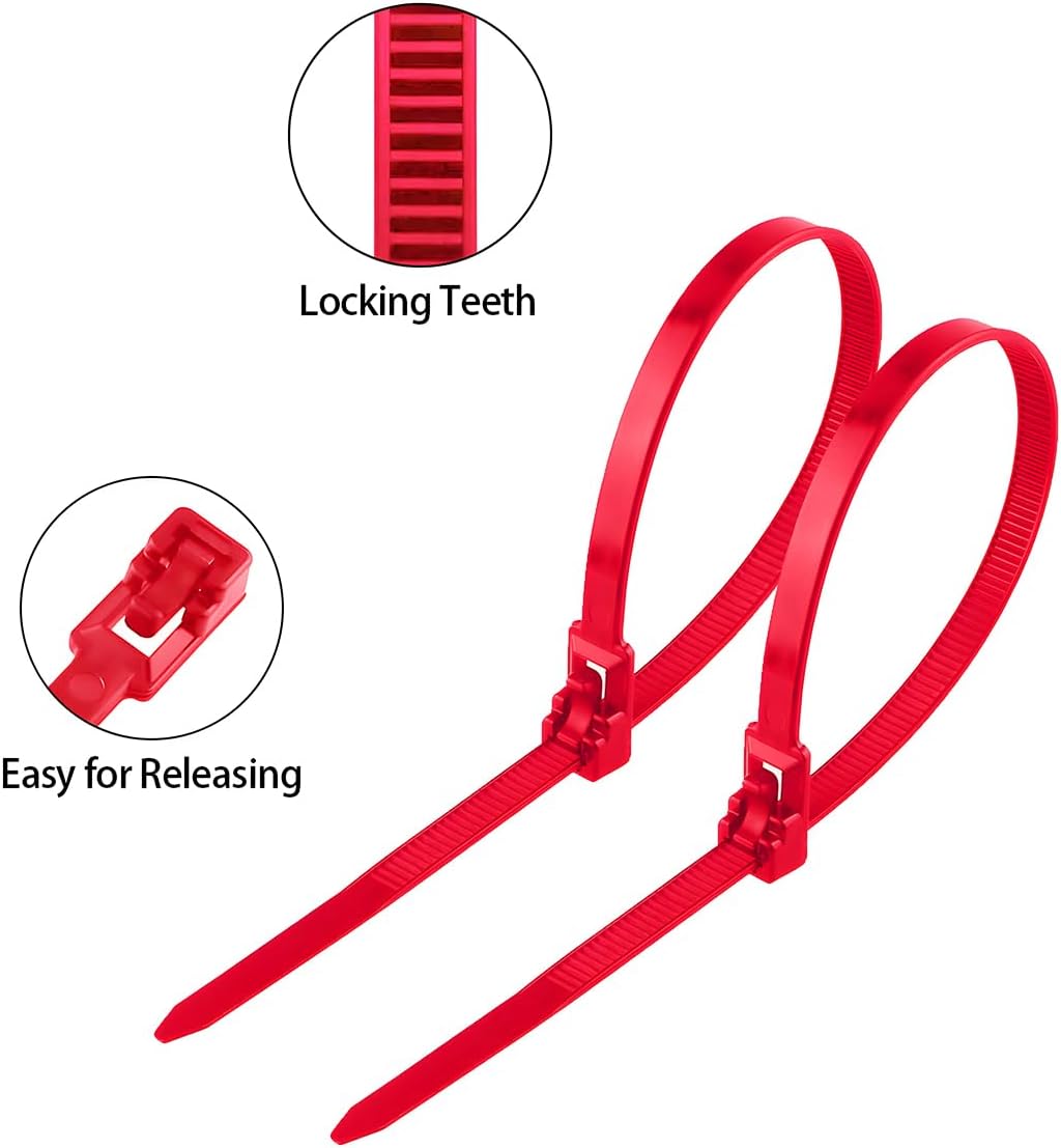 250 Count 10 Inch Reusable Cable Ties Red – Heavy Duty Releasable Zip Ties, 36 LBS for Electronics, Gardening, and Multi-Purpose Bundling