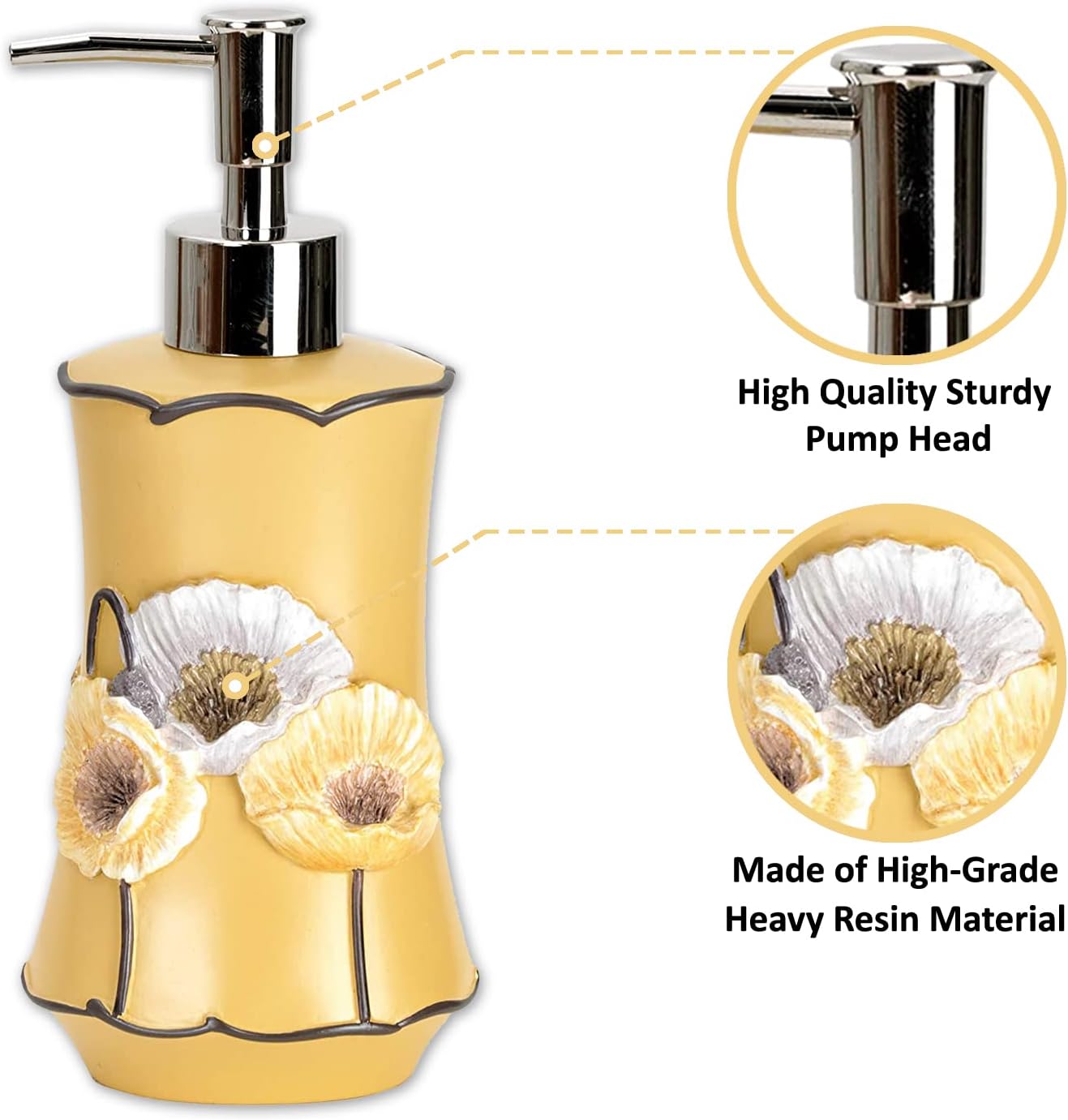 Zahari Home 4pc Poppy Fields Yellow Bathroom Accessories Set Hand Soap Dispenser, Tumbler, Tooth Brush Holder and Soap Dish Modern Contemporary Decor Complete Bathroom Sets with Shower Curtains