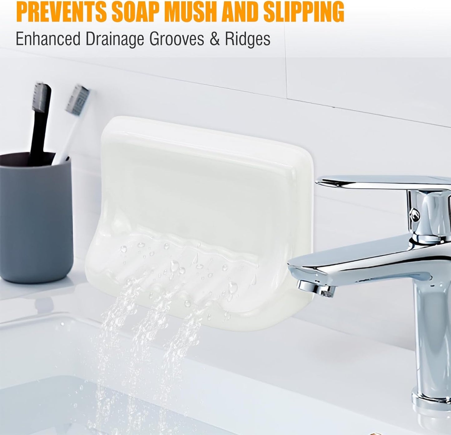 Shower Wall Soap Holder & Ceramic Soap Dish - Fits 4x4 Inch & Any Tile Walls, Heavy-Duty Flat-Back Design with Drainage Slope, No-Slip, Classic White