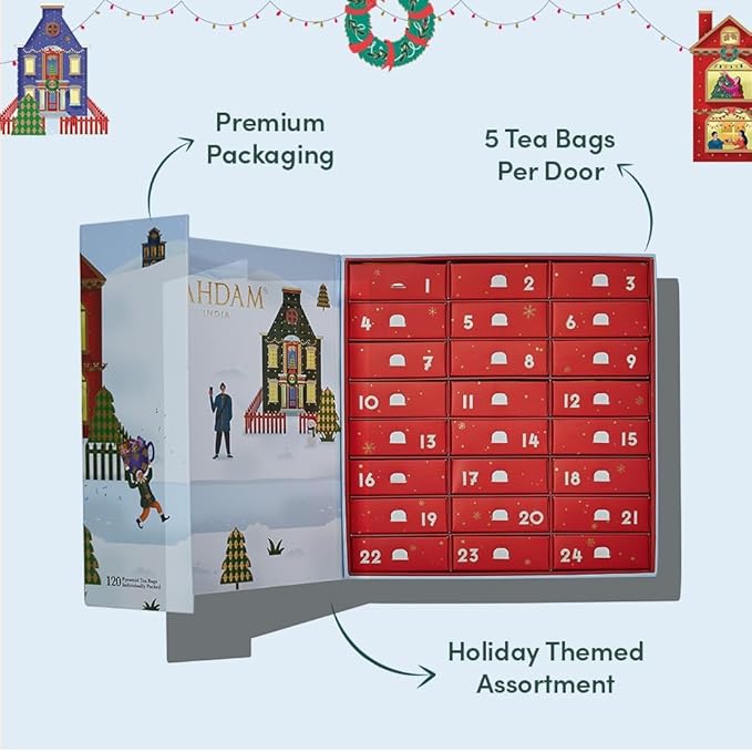 VAHDAM, Advent Calendar 2025 Tea Bags Limited Edition Holiday Gift Box - 24 Flavors, 5 Each | Christmas Advent Calendar 2025 for Adults | Advent Calendar 2025 Adult Women and Men