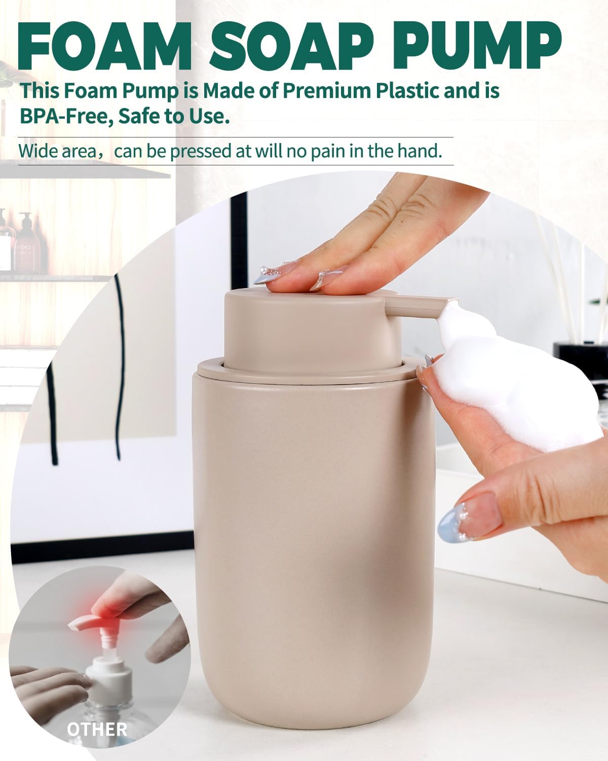 BosilunLife Foam Soap Dispenser - Ceramic Foaming Hand Wash Dispenser for Bathroom Modern Farmhouse Small Soap Dispenser Lotion Hand Pump Dispenser for Kitchen Sink (Khaki, Foam Pump)