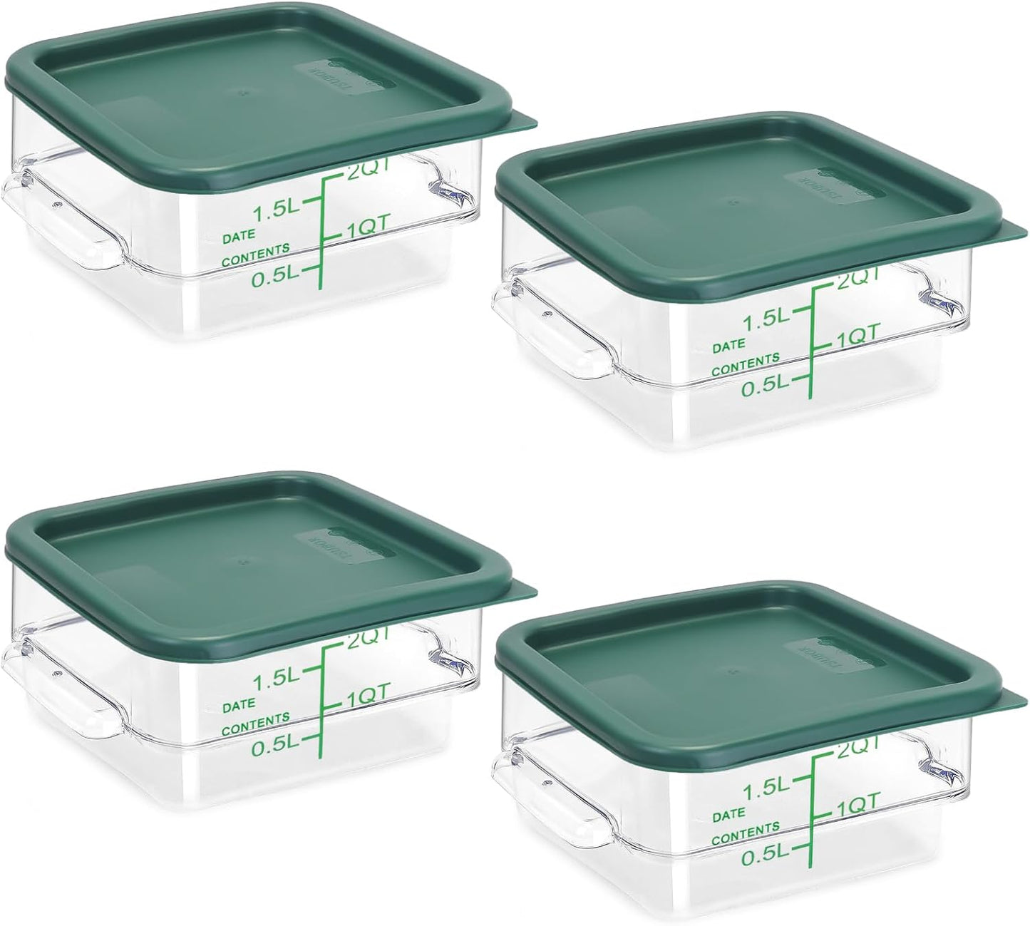4 Pack Food Storage Containers with Green Lids, 2.0 Qt - Square, Clear, Polycarbonate