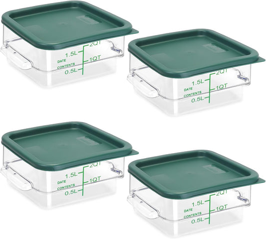 4 Pack Food Storage Containers with Green Lids, 2.0 Qt - Square, Clear, Polycarbonate