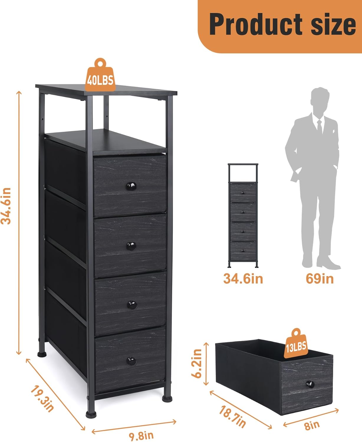 Narrow Dresser for Bedroom, Fabric Tall Dresser & Chests of Drawers with 4 Drawers, Vertical Organizer Storage Tower Unit for Bedroom, Hallway, Entryway Black Wood Grain