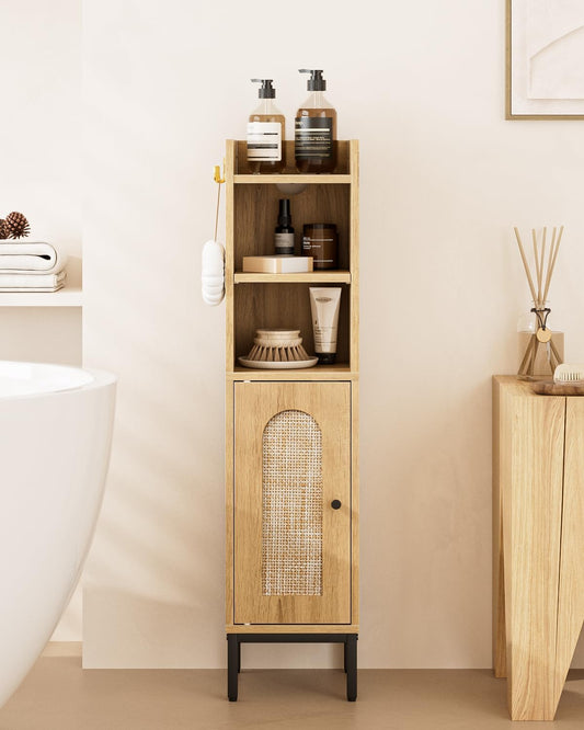 Bathroom Storage Cabinet, Small Corner Floor Hutch with 2Hooks,Narrow Toilet Paper Cabinet with Rattan Door,Bathroom Organizer with Adjustable Shelf, for Small Spaces,Oak